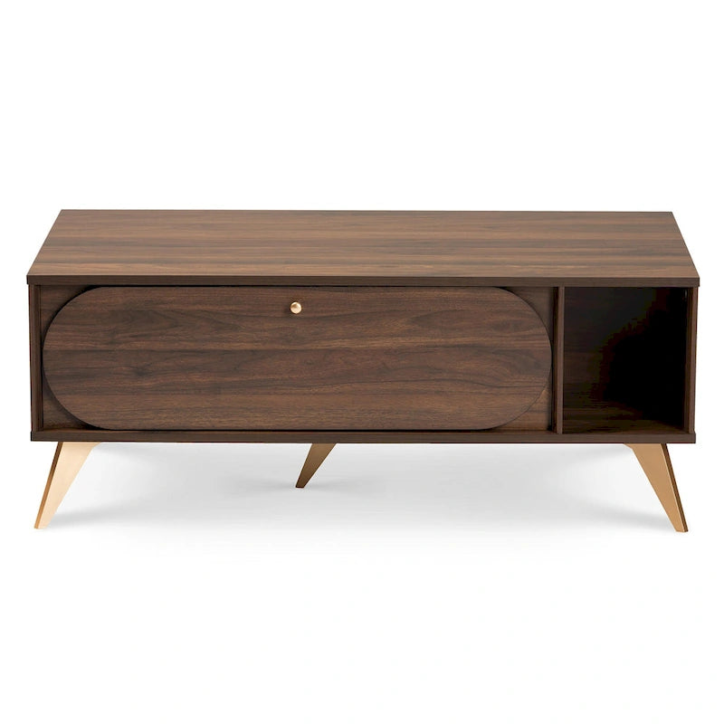Table basse Edel style milieu du siècle, finition noyer brun et or