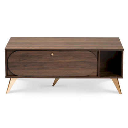 Table basse Edel style milieu du siècle, finition noyer brun et or