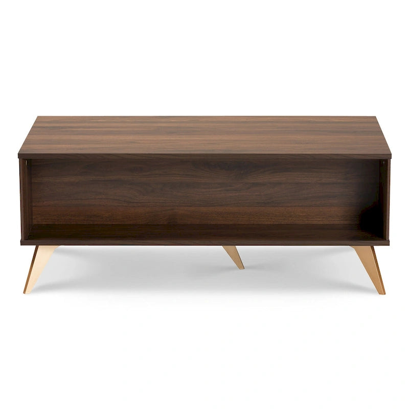 Table basse Edel style milieu du siècle, finition noyer brun et or