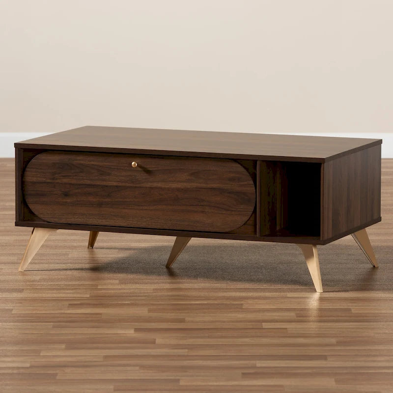Table basse Edel style milieu du siècle, finition noyer brun et or