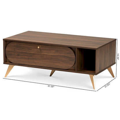 Table basse Edel style milieu du siècle, finition noyer brun et or