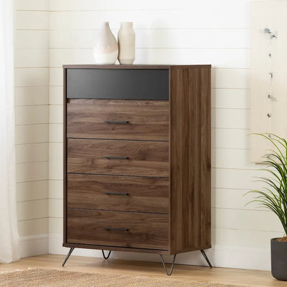 Commode Olvyn à 5 tiroirs, noyer naturel et anthracite