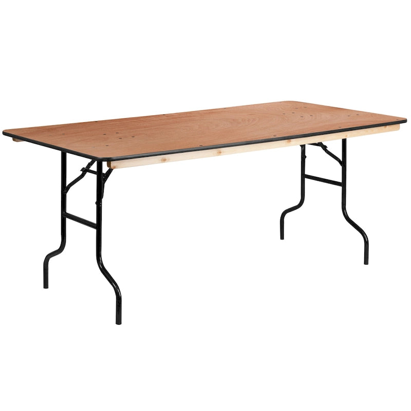 Table de banquet pliante rectangulaire en bois de 1,80 m avec plateau verni transparent