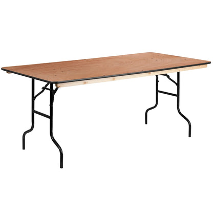 Table de banquet pliante rectangulaire en bois de 1,80 m avec plateau verni transparent