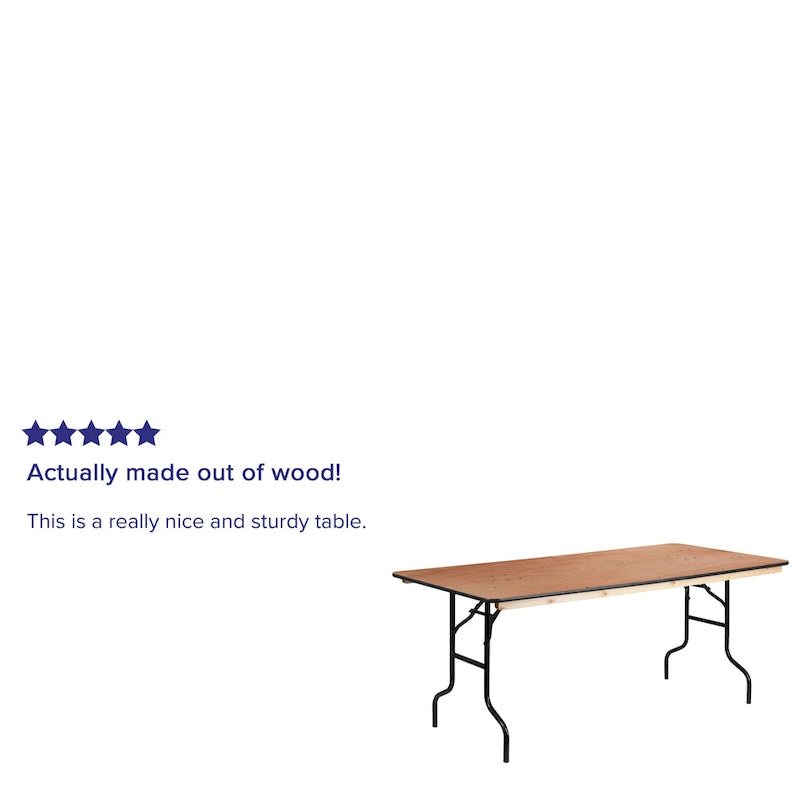 Table de banquet pliante rectangulaire en bois de 1,80 m avec plateau verni transparent