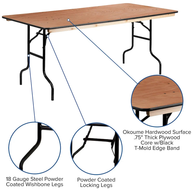 Table de banquet pliante rectangulaire en bois de 1,80 m avec plateau verni transparent