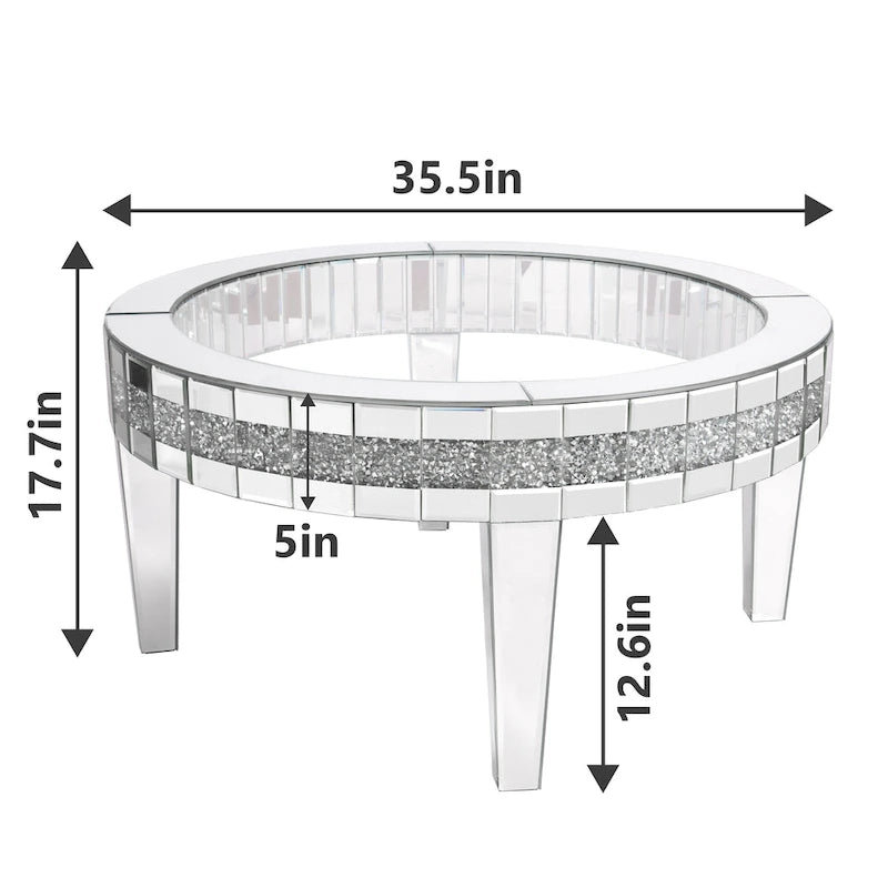 Table basse ronde avec plateau en verre et incrustations de cristal