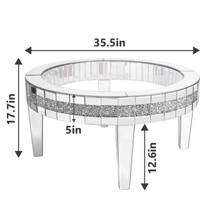 Table basse ronde avec plateau en verre et incrustations de cristal
