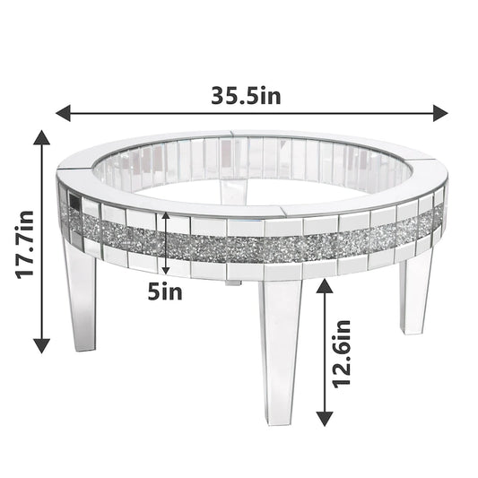 Table basse ronde avec plateau en verre et incrustations de cristal