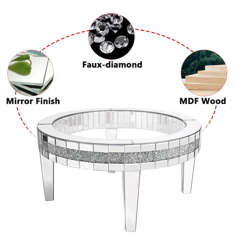 Table basse ronde avec plateau en verre et incrustations de cristal