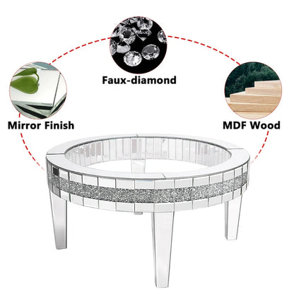 Table basse ronde avec plateau en verre et incrustations de cristal