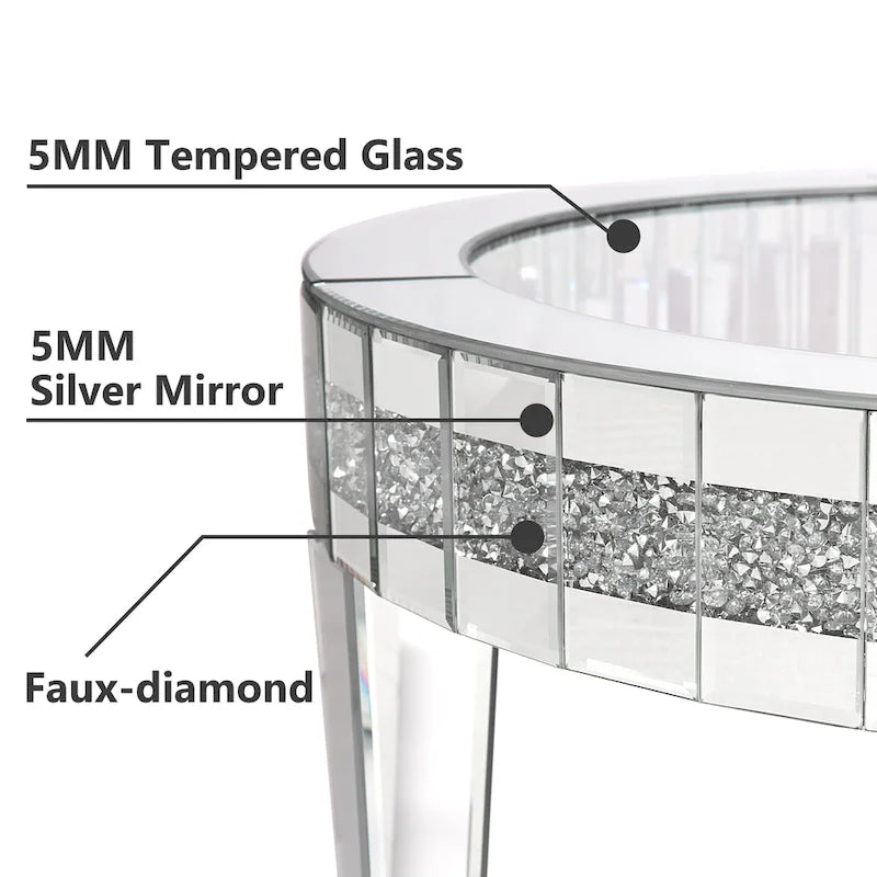 Table basse ronde avec plateau en verre et incrustations de cristal