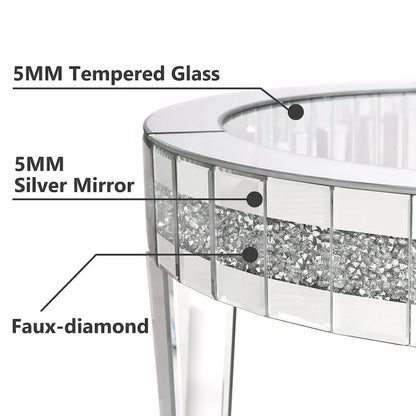 Table basse ronde avec plateau en verre et incrustations de cristal