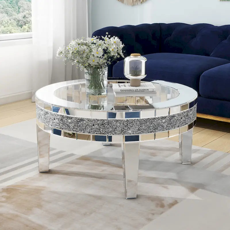 Table basse ronde avec plateau en verre et incrustations de cristal