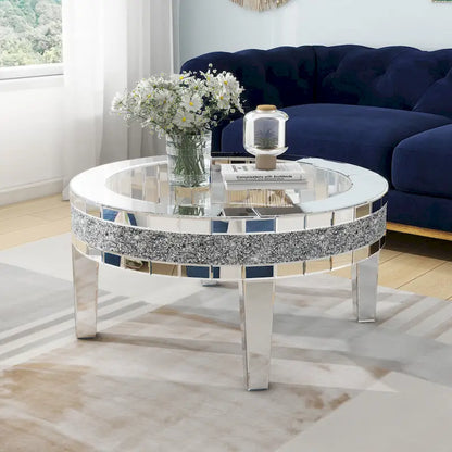 Table basse ronde avec plateau en verre et incrustations de cristal