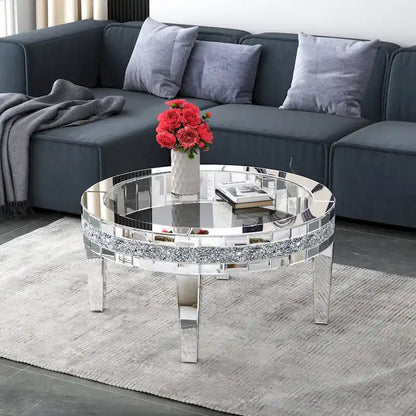 Table basse ronde avec plateau en verre et incrustations de cristal