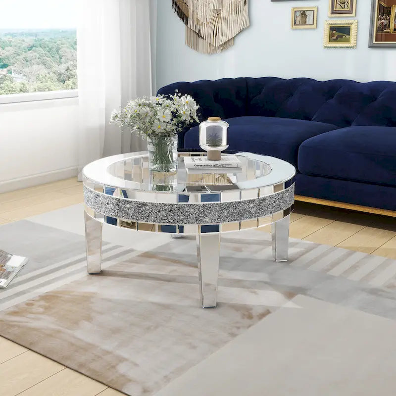 Table basse ronde avec plateau en verre et incrustations de cristal