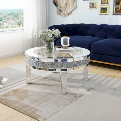 Table basse ronde avec plateau en verre et incrustations de cristal