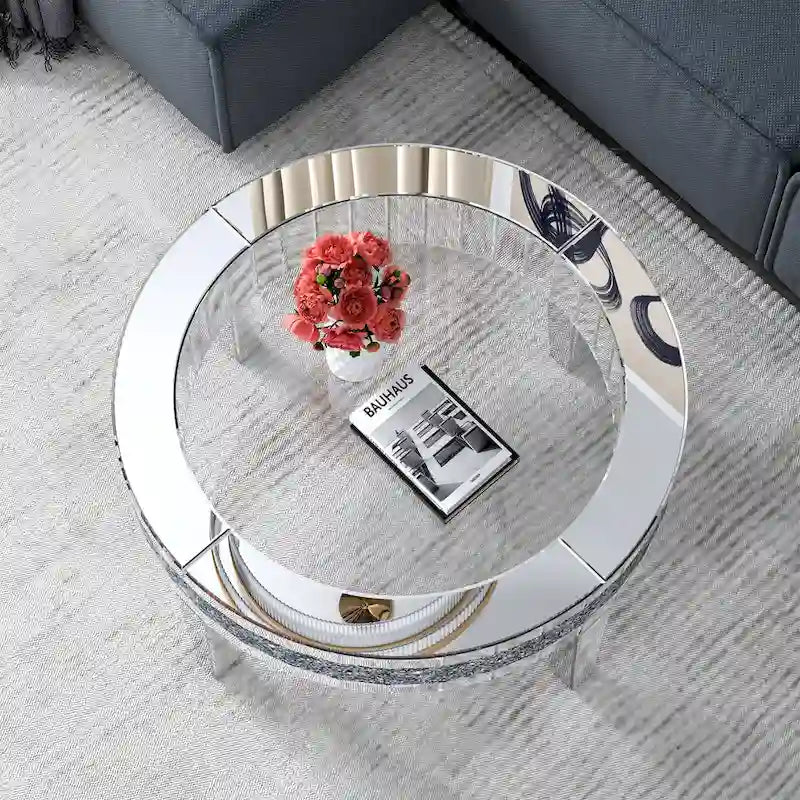Table basse ronde avec plateau en verre et incrustations de cristal