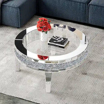 Table basse ronde avec plateau en verre et incrustations de cristal