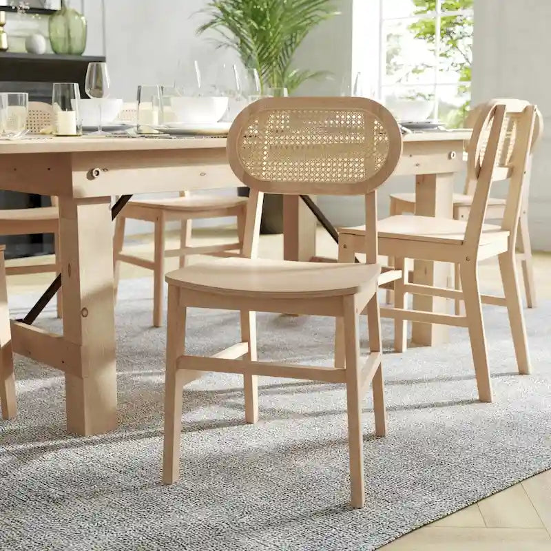 Chaise événementielle commerciale en rotin canne avec dossier et assise en bois