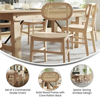 Chaise événementielle commerciale en rotin canne avec dossier et assise en bois