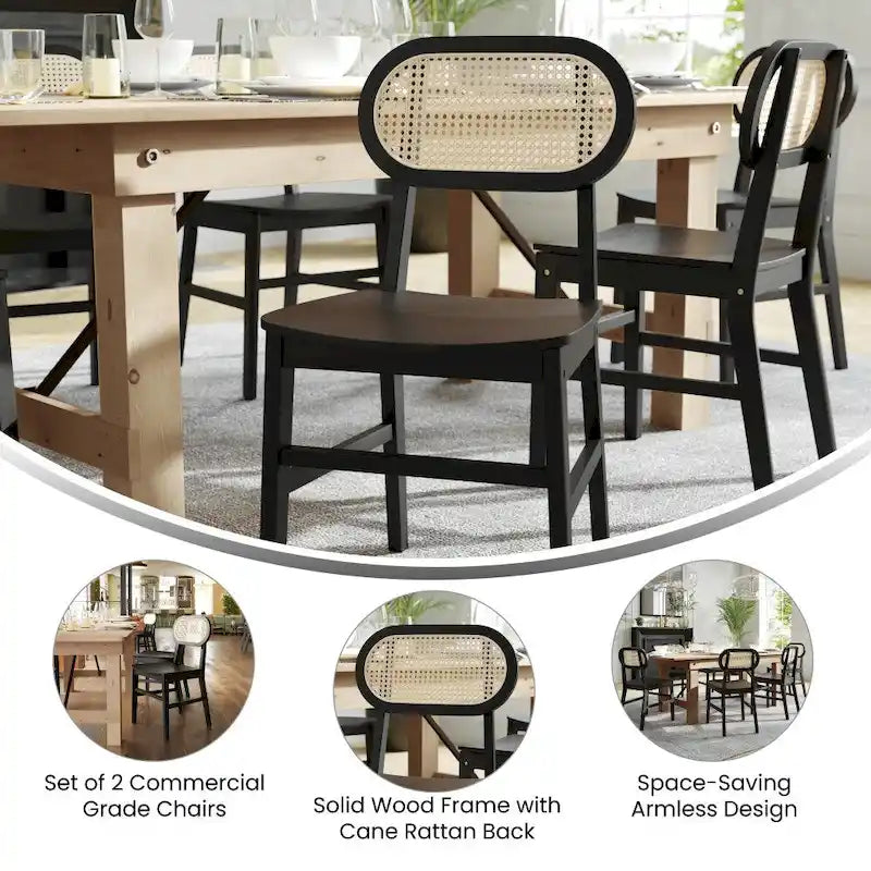 Chaise événementielle commerciale en rotin canne avec dossier et assise en bois