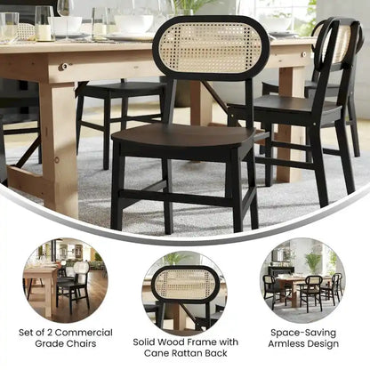 Chaise événementielle commerciale en rotin canne avec dossier et assise en bois