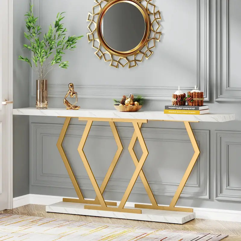Console moderne extra longue de 180 cm (70,9 pouces) avec plateau en faux marbre, piètement et cadre doré, idéale pour le salon, l'entrée ou le couloir.