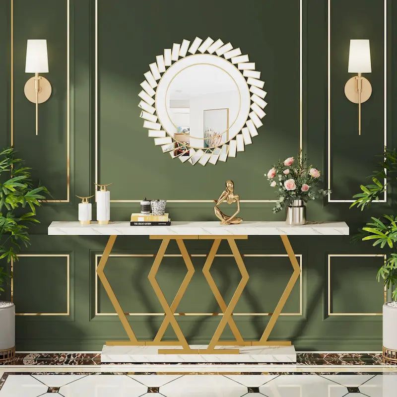 Console moderne extra longue de 180 cm (70,9 pouces) avec plateau en faux marbre, piètement et cadre doré, idéale pour le salon, l'entrée ou le couloir.