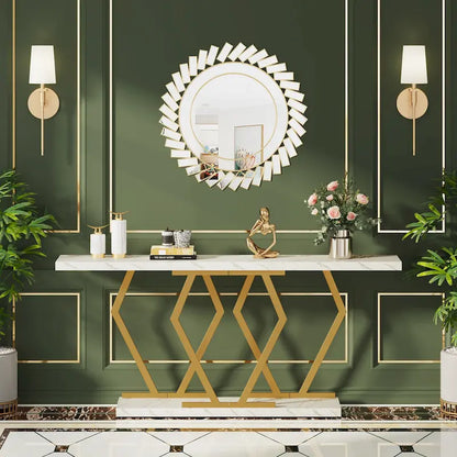 Console moderne extra longue de 180 cm (70,9 pouces) avec plateau en faux marbre, piètement et cadre doré, idéale pour le salon, l'entrée ou le couloir.