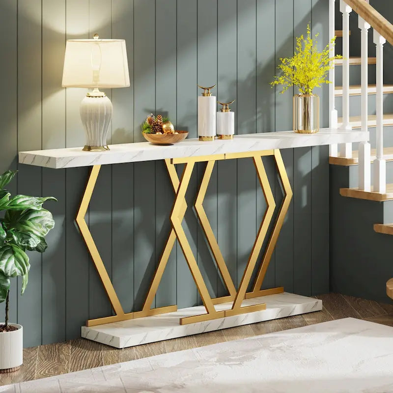 Console moderne extra longue de 180 cm (70,9 pouces) avec plateau en faux marbre, piètement et cadre doré, idéale pour le salon, l'entrée ou le couloir.