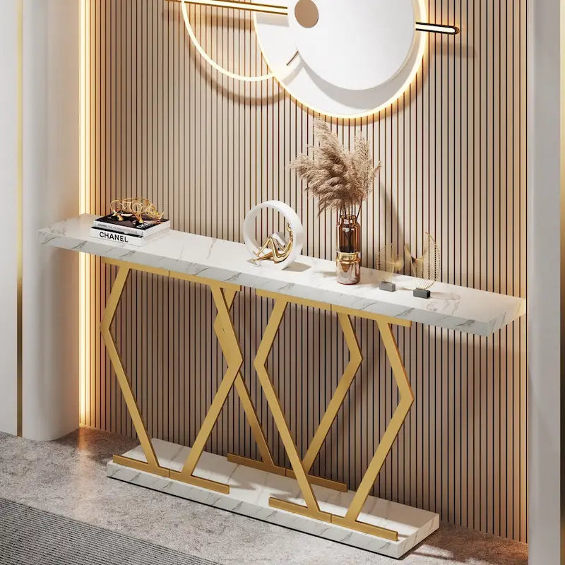 Console moderne extra longue de 180 cm (70,9 pouces) avec plateau en faux marbre, piètement et cadre doré, idéale pour le salon, l'entrée ou le couloir.