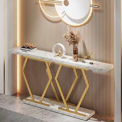 Console moderne extra longue de 180 cm (70,9 pouces) avec plateau en faux marbre, piètement et cadre doré, idéale pour le salon, l'entrée ou le couloir.