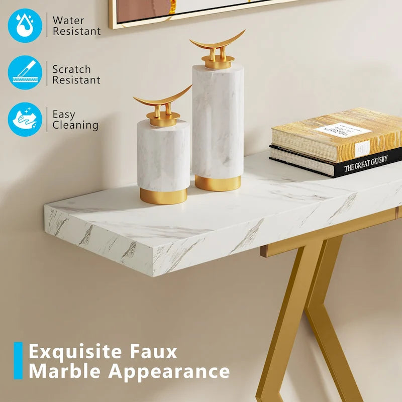 Console moderne extra longue de 180 cm (70,9 pouces) avec plateau en faux marbre, piètement et cadre doré, idéale pour le salon, l'entrée ou le couloir.