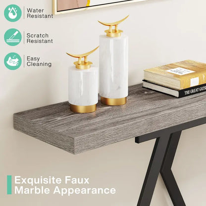 Console moderne extra longue de 180 cm (70,9 pouces) avec plateau en faux marbre, piètement et cadre doré, idéale pour le salon, l'entrée ou le couloir.