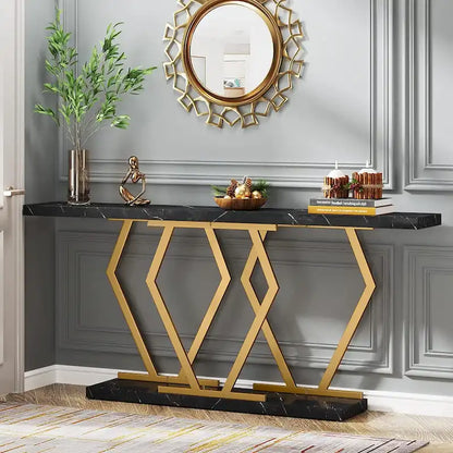 Console moderne extra longue de 180 cm (70,9 pouces) avec plateau en faux marbre, piètement et cadre doré, idéale pour le salon, l'entrée ou le couloir.
