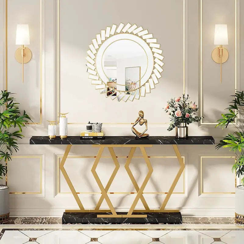 Console moderne extra longue de 180 cm (70,9 pouces) avec plateau en faux marbre, piètement et cadre doré, idéale pour le salon, l'entrée ou le couloir.