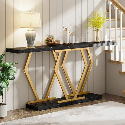 Console moderne extra longue de 180 cm (70,9 pouces) avec plateau en faux marbre, piètement et cadre doré, idéale pour le salon, l'entrée ou le couloir.