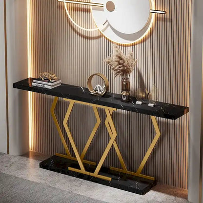 Console moderne extra longue de 180 cm (70,9 pouces) avec plateau en faux marbre, piètement et cadre doré, idéale pour le salon, l'entrée ou le couloir.