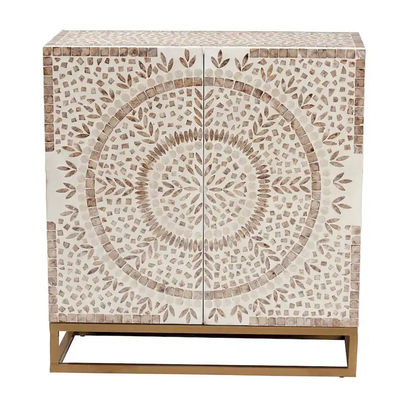 Armoire de rangement Ercilia style bohème moderne, blanche et marron rustique, en nacre