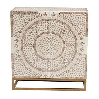 Armoire de rangement Ercilia style bohème moderne, blanche et marron rustique, en nacre
