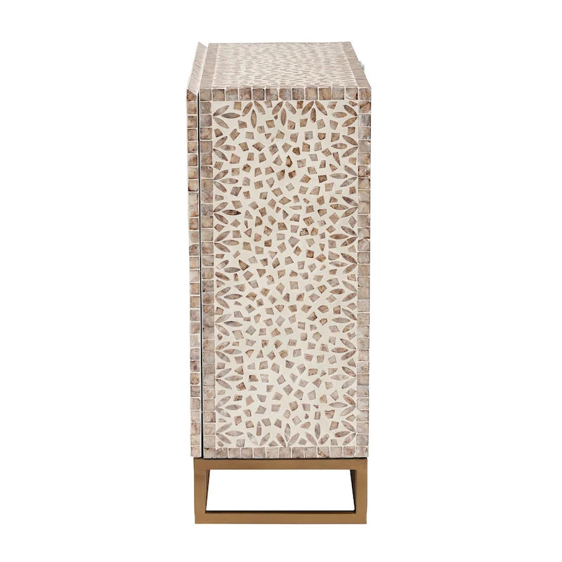 Armoire de rangement Ercilia style bohème moderne, blanche et marron rustique, en nacre
