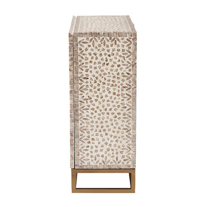 Armoire de rangement Ercilia style bohème moderne, blanche et marron rustique, en nacre