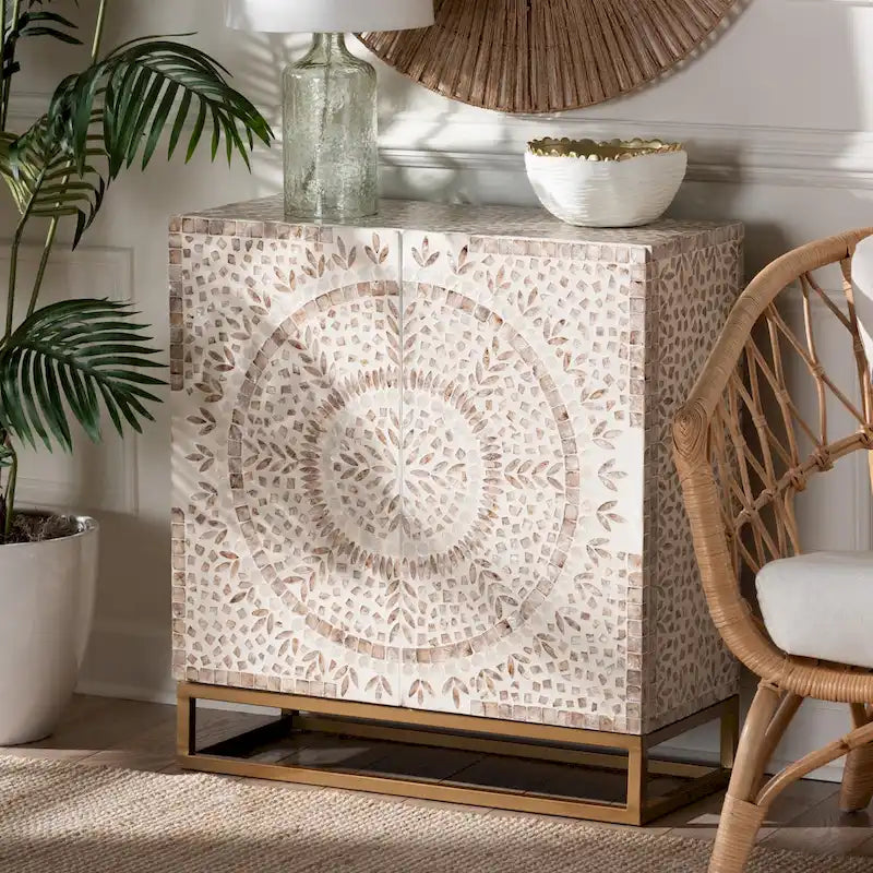 Armoire de rangement Ercilia style bohème moderne, blanche et marron rustique, en nacre