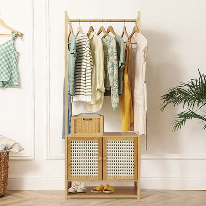 Bamboo Garment Rack with Clothes Rail Storage Organiser Freestanding - 21 x 13 x 66