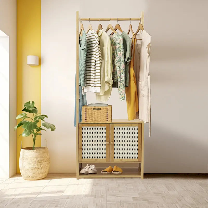 Portant à vêtements en bambou avec barre de rangement, autoportant - 21 x 13 x 66