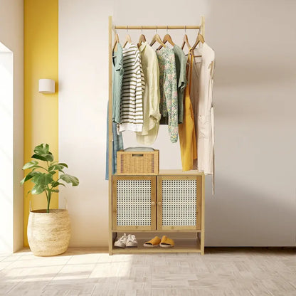 Portant à vêtements en bambou avec barre de rangement, autoportant - 21 x 13 x 66