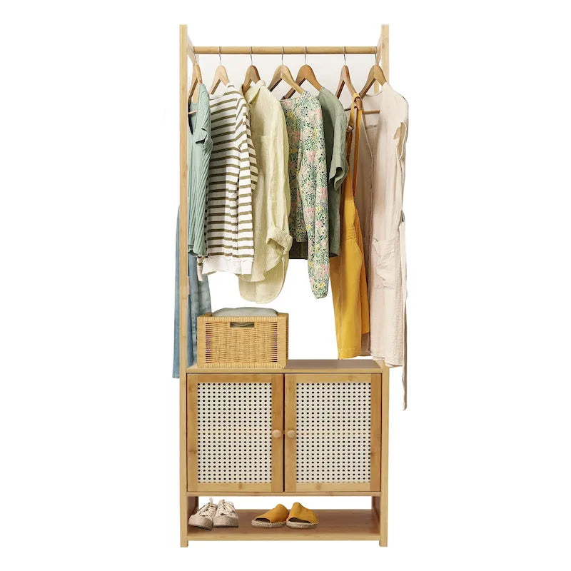 Portant à vêtements en bambou avec barre de rangement, autoportant - 21 x 13 x 66