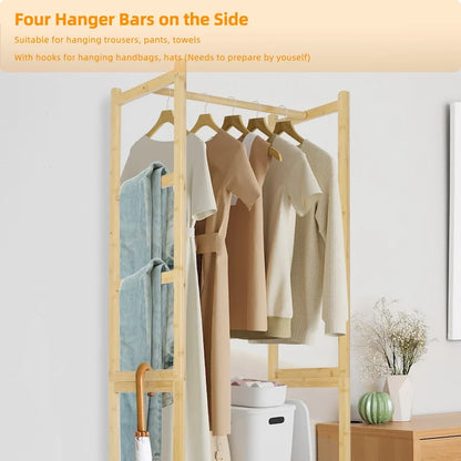 Portant à vêtements en bambou avec barre de rangement, autoportant - 21 x 13 x 66